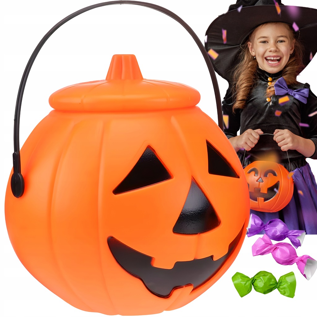WIADERKO na cukierki Halloween DUŻE dynia pojemnik słodycze kociołek 16cm