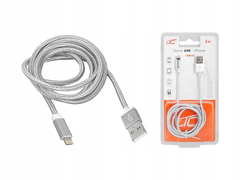 KABEL USB - APPLE LIGHTNING IPHONE 1M SREBRNY