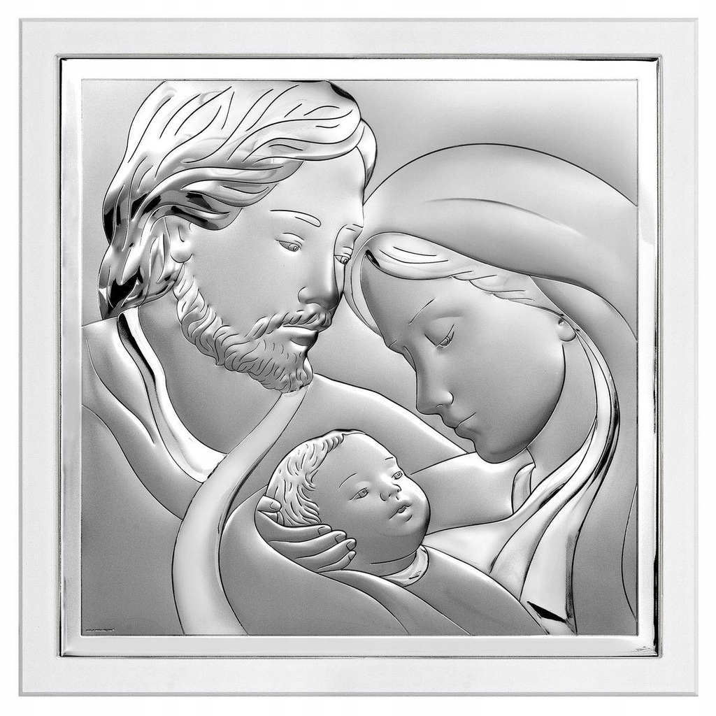 Obraz Świętej Rodziny srebrny nowoczesny w białej oprawie 18x18 cm