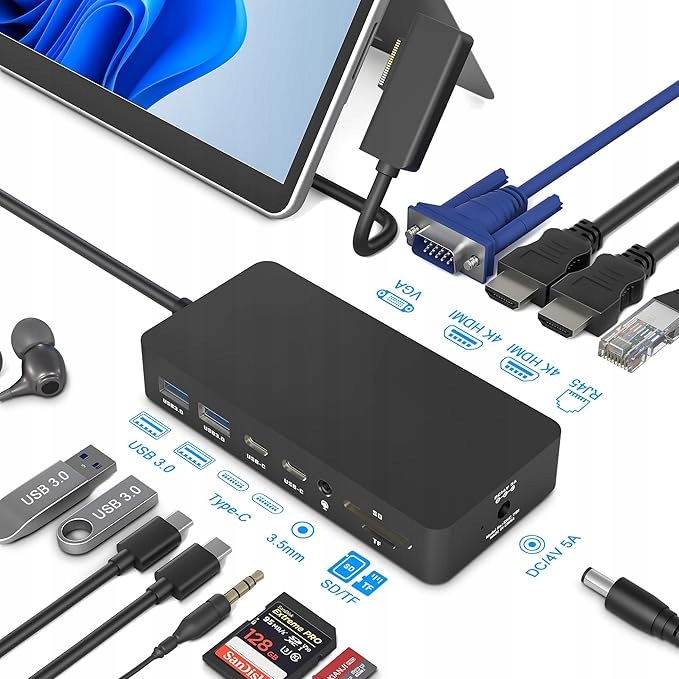 STACJA DOKUJĄCA SURFACE DOCK HUB 12 W 1 HDMI VGA DO LAPTOPA 4K FHD