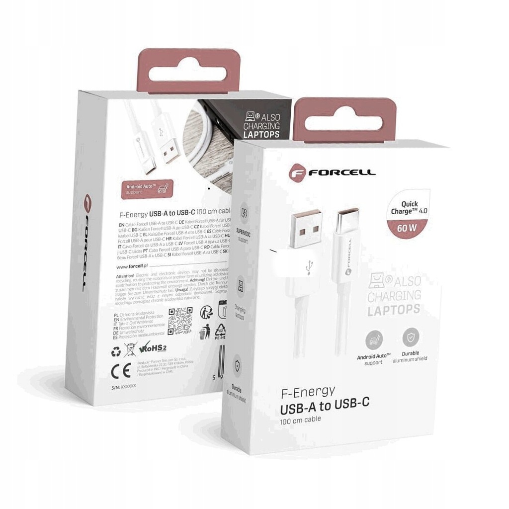 FORCELL kabel USB A do Typ C QC4.0 3A/20V PD 60W C336 1m biały 100cm
