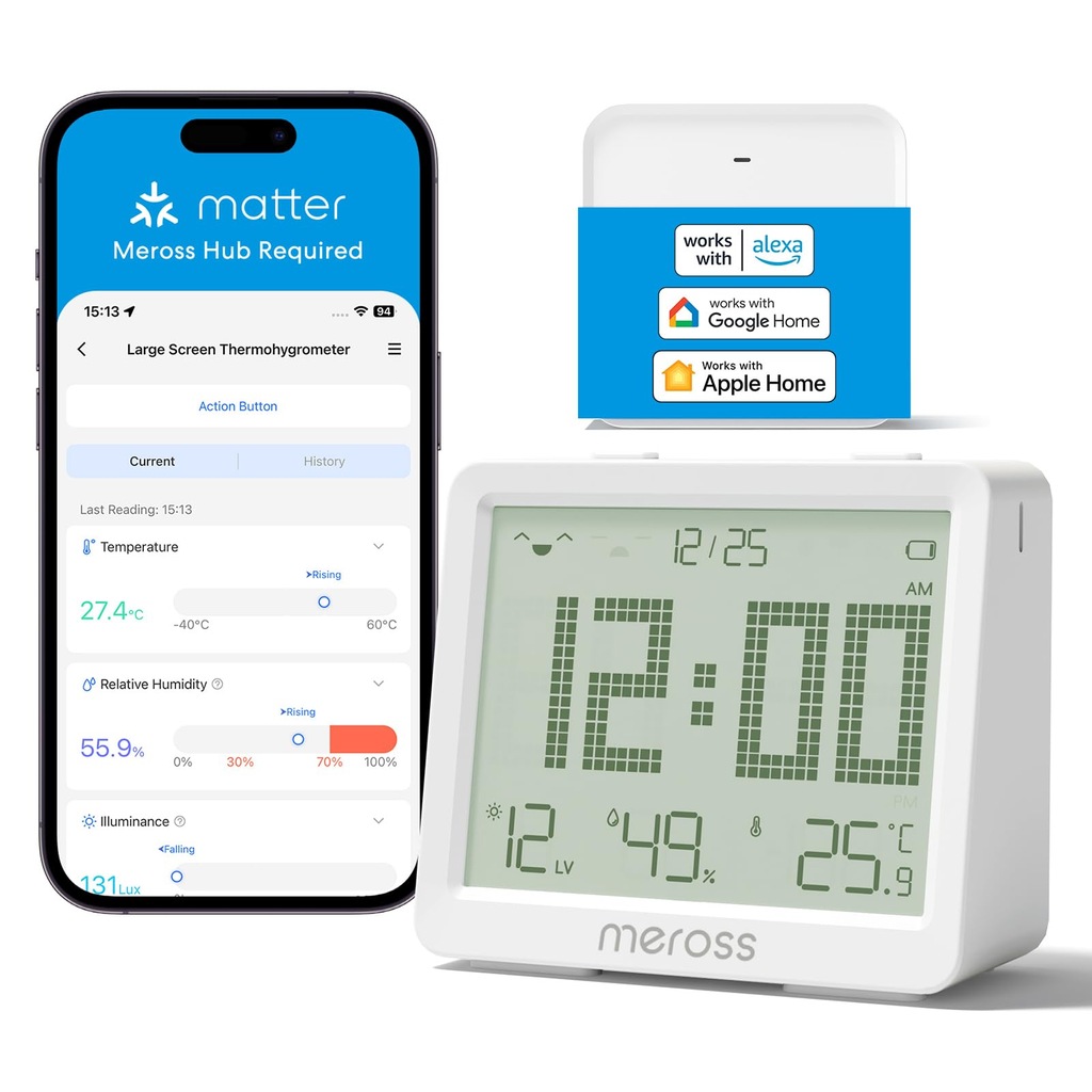 Termometr higrometr WiFi Meross z aplikacją LCD HomeKit Alexa Google