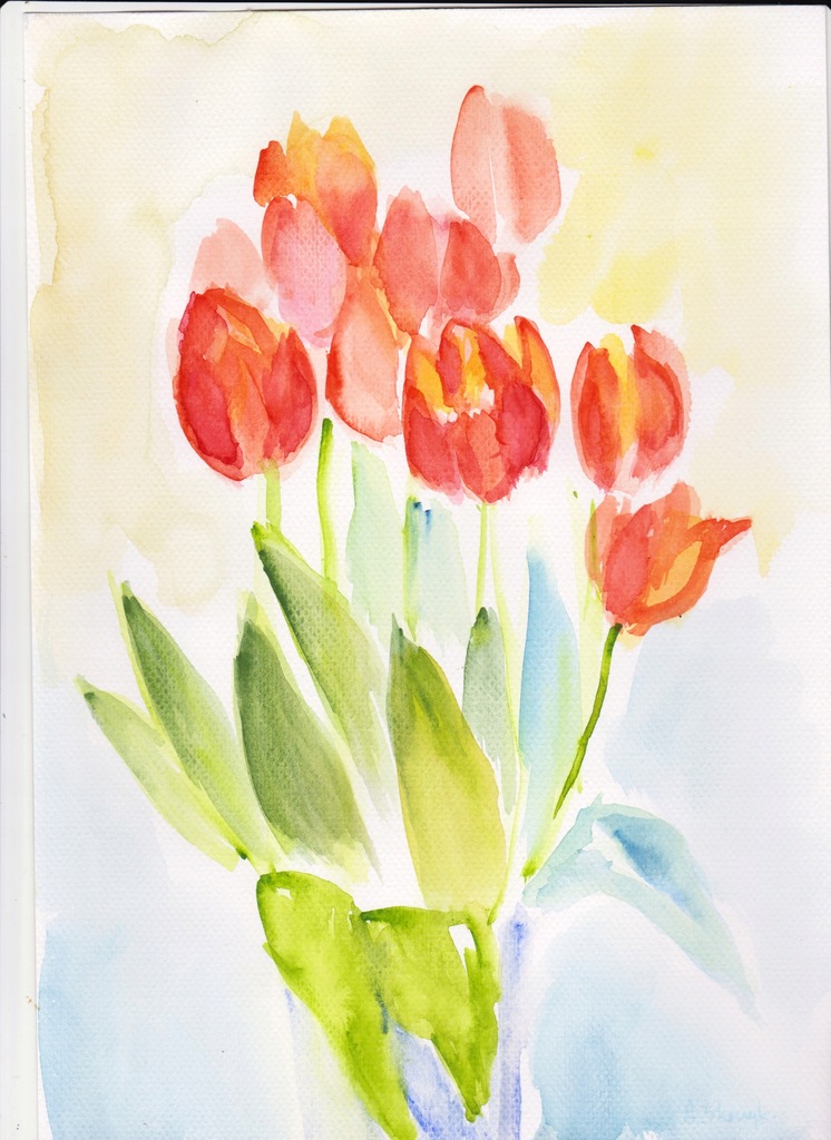 Tulipany w niebieskim flakonie, akwarela