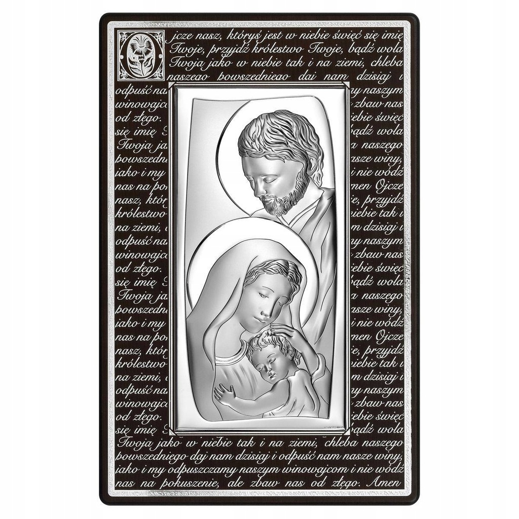 Obraz Świętej Rodziny srebrny z modlitwą ciemny 16.2x25.5 cm