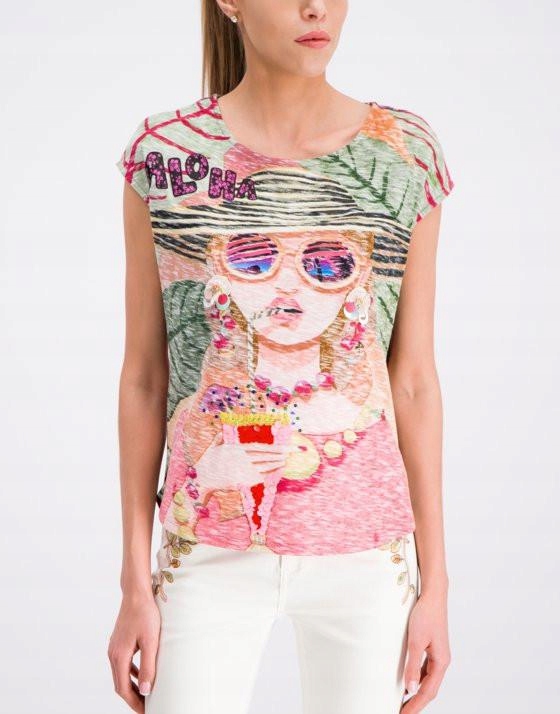 Q8F302*DESIGUAL T-SHIRT DAMSKI WE WZORY 38 M S00