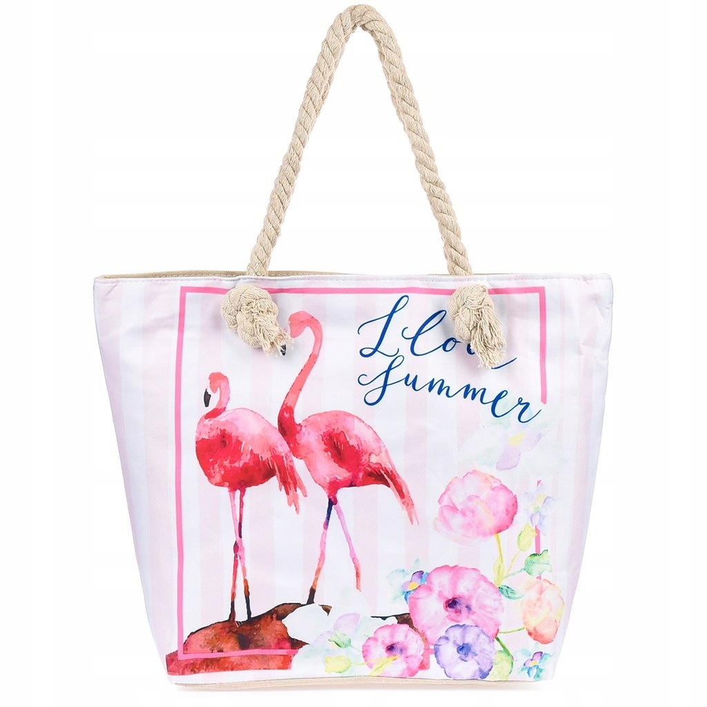 Torba Plażowa Płócienna lekka na lato Flamingi