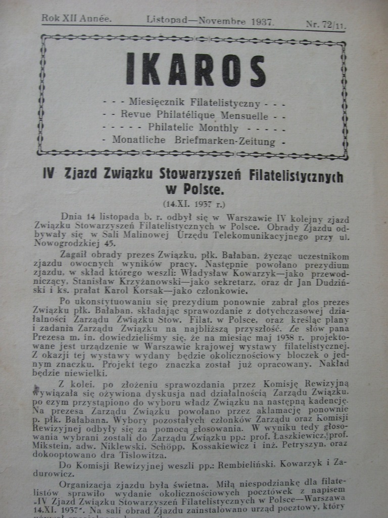 IKAROS Miesięcznik filatelistyczny 72 z 1937