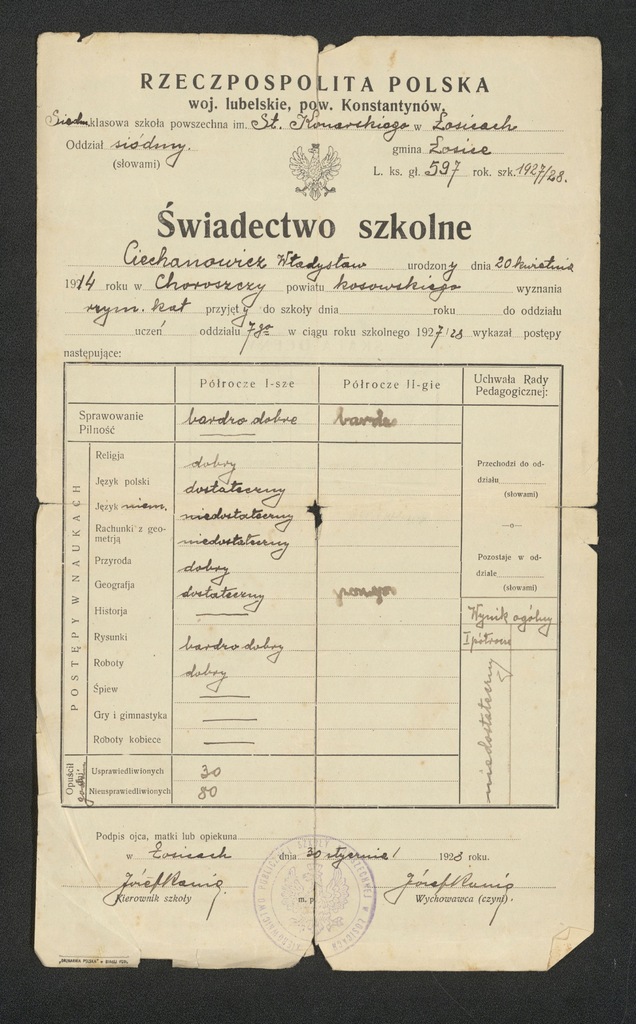 Świadectwo szkolne z 1928 roku