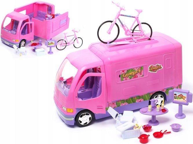 duże WYMARZONE AUTO KAMPER DLA LALKI + ROWER KUCHNIA