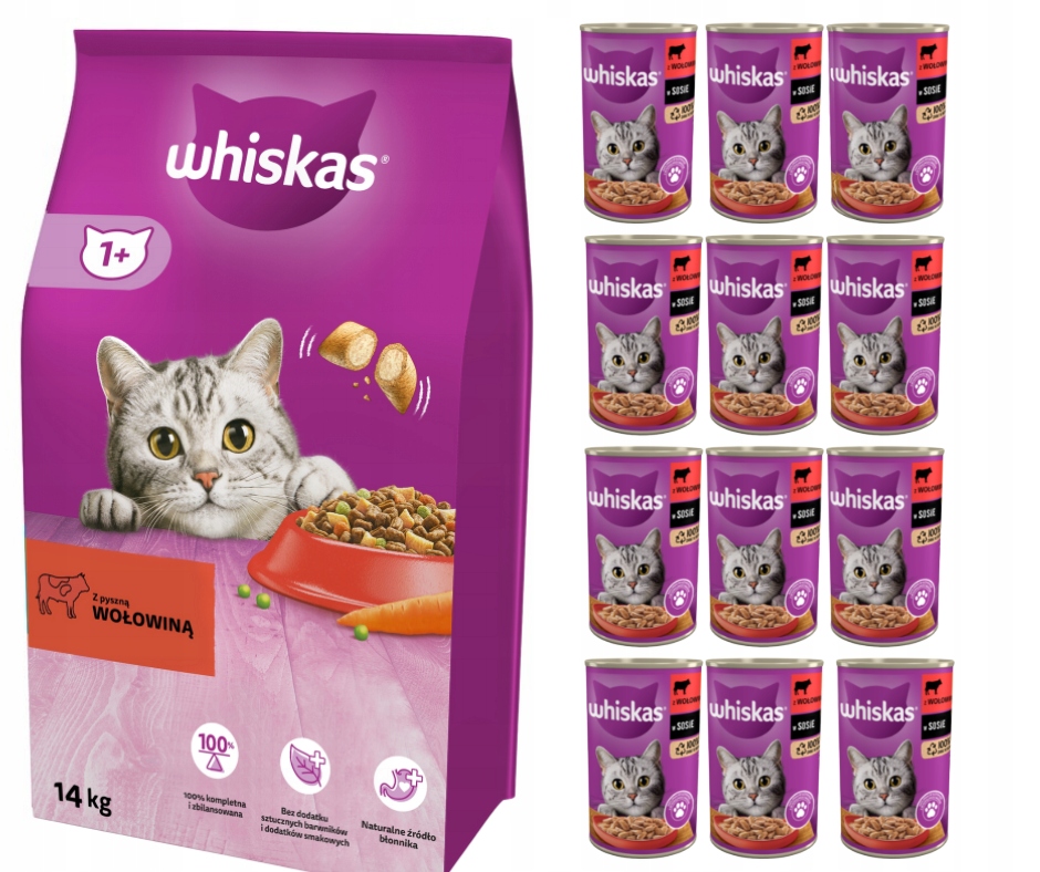 Whiskas Adult Sucha karma dla kota Wołowina 14kg + Wołowina 12x 400g