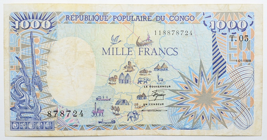 14.Congo, 1 000 Franków 1988, P.10.b, St.3/3+