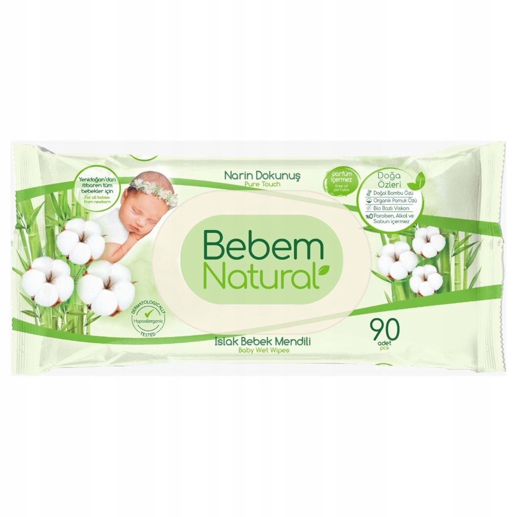BEBEM Natural Chusteczki nawilżane dla niemowląt od urodzenia 90 szt.