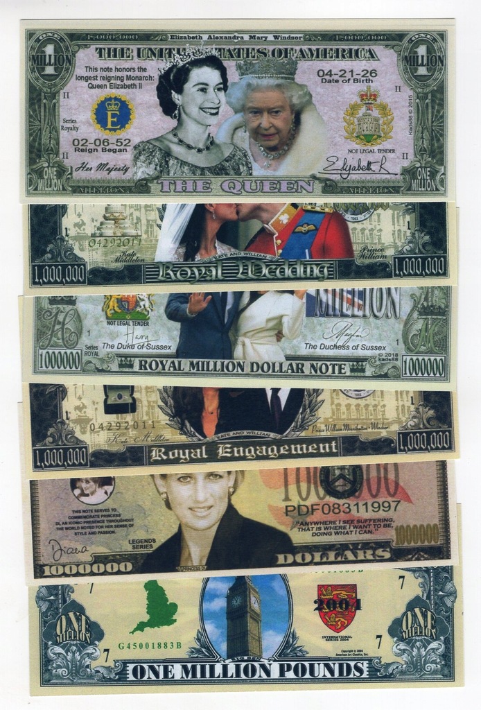 Banknoty brytyjska rodzina królewska 6 szt