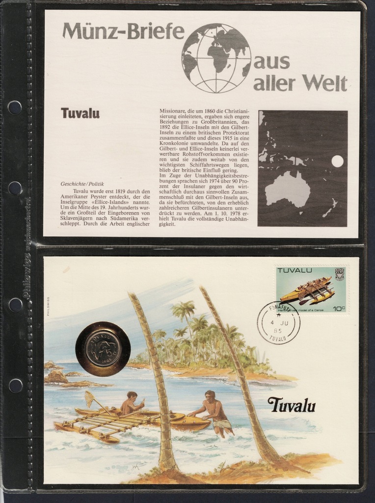 5 Centów Wyspa Tuvalu 1985 mennicza w folderze Monety Świata