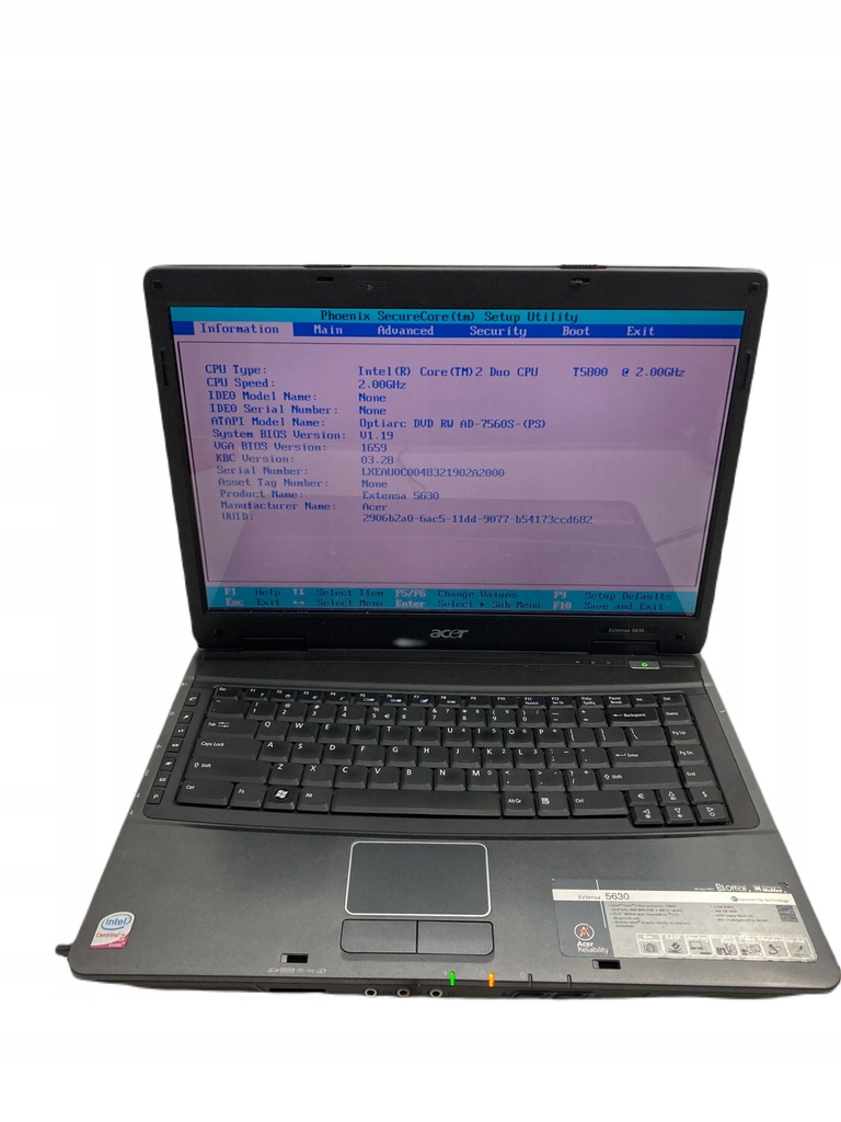 Laptop Acer Extensa 5630 15,4 " Intel Core 2 DUO 2 GB VAT6L