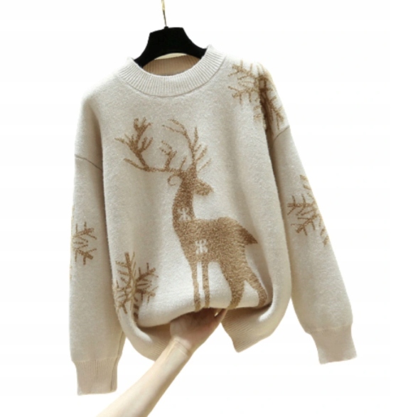 SWETER ŚWIĄTECZNY CIEPŁY UROCZY RENIFER BEŻOWY