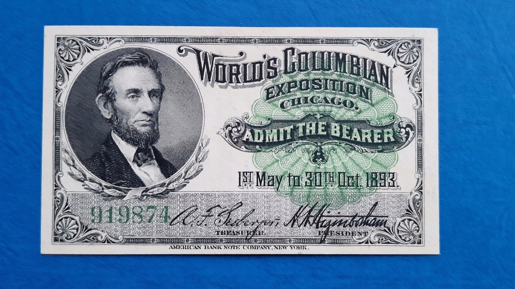 Bilet na Światową Wystawę EXPO 1893 Lincoln PIĘKNY!!