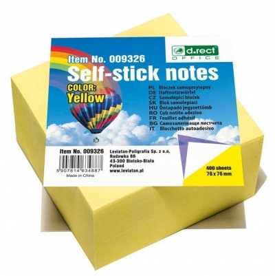 Notes samoprzylepny 76x76mm żółty D.RECT