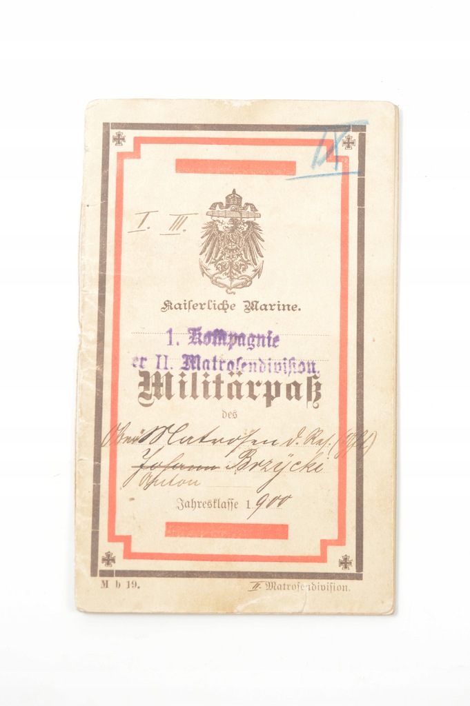 Niemiecka I Wojenna Książeczka Wojskowa Kaiserliche Marine