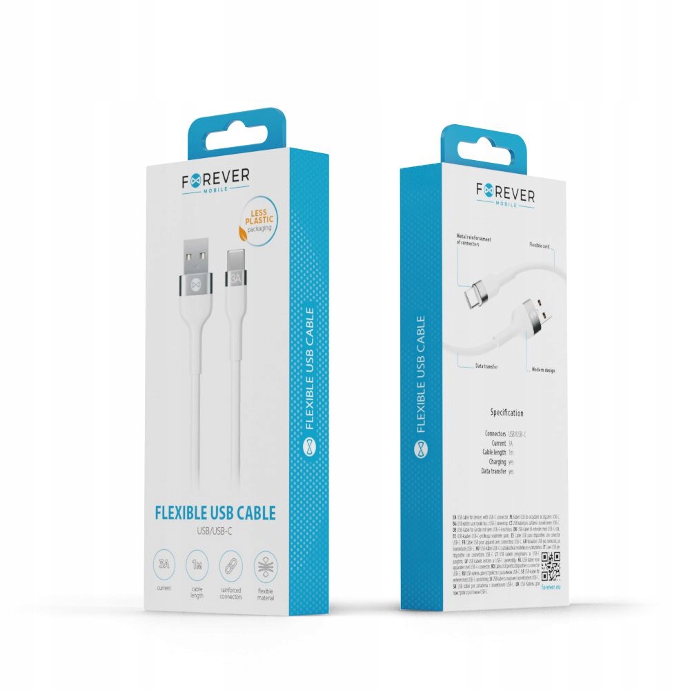 FOREVER KABEL FLEXIBLE USB - USB-C 1,0 M 3A BIAŁY