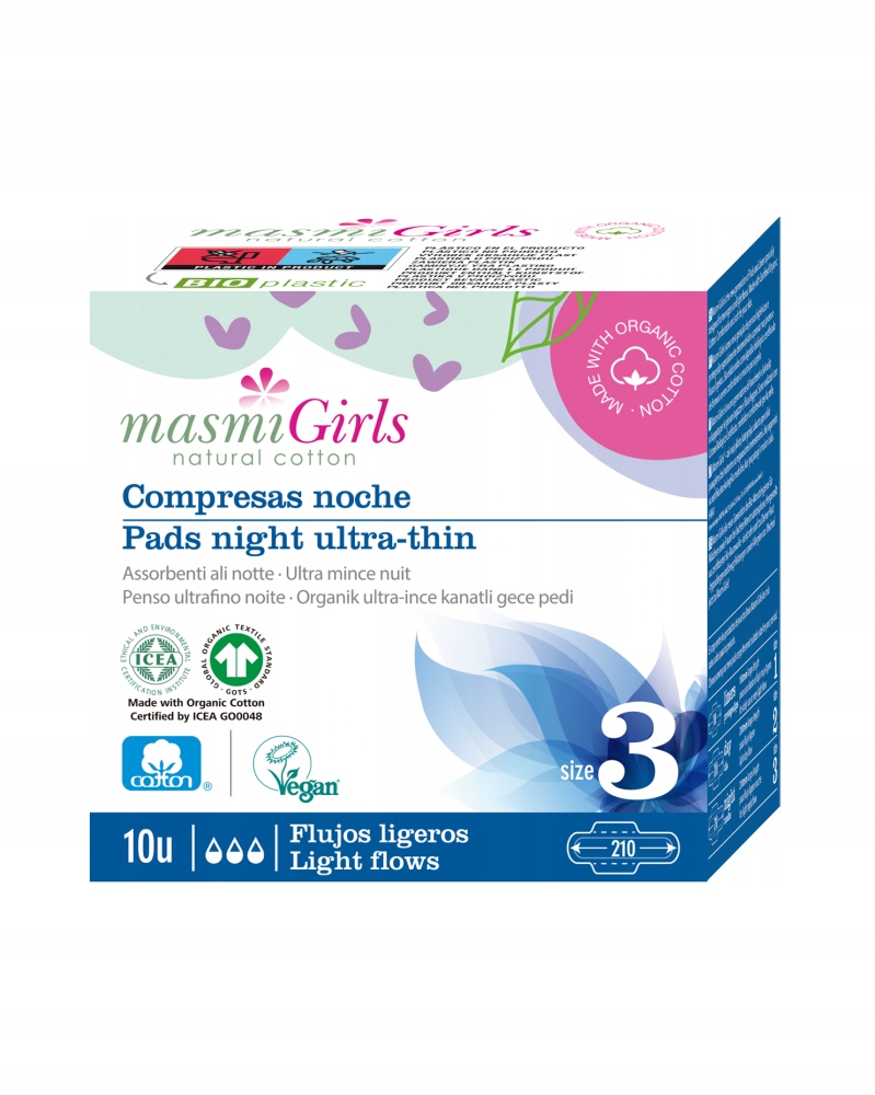 Masmi Girls 3 podpaski na noc 100% bawełny organicznej, 10szt.