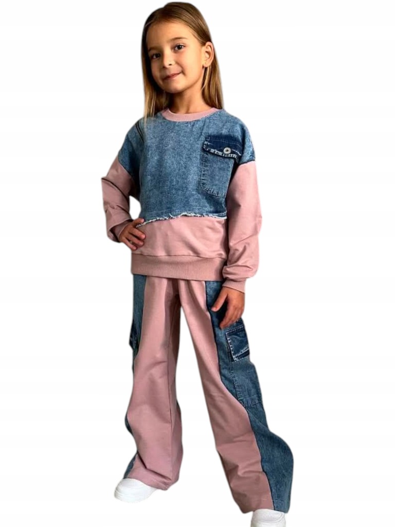 DRES DZIEWCZĘCY KOMPLET BLUZA BEZ KAPTURA SZEROKIE SPODNIE BOJÓWKI 152