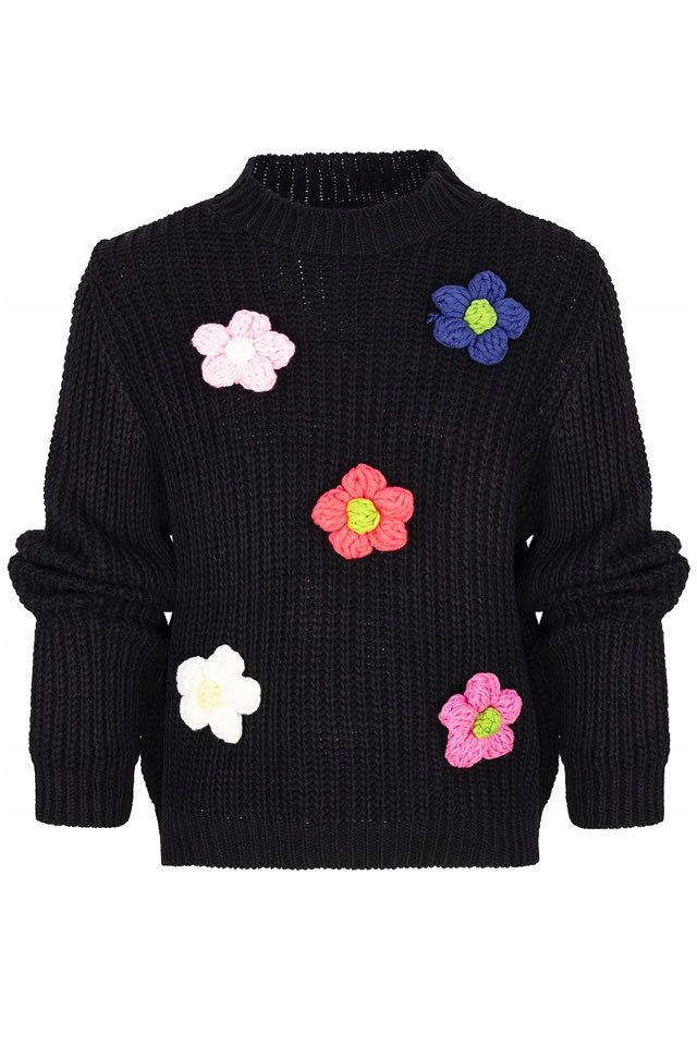 Uroczy sweter czarny w kwiaty naszywane 122 128