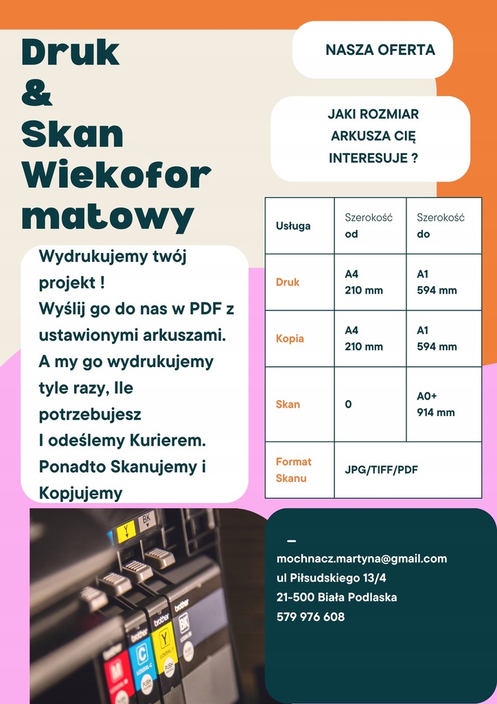 Druk wielkoformatowy rolka A4, A3, A2, A1 kolor