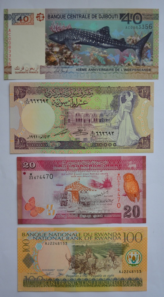 Rwanda, Sri Lanka, Syria, Dżibuti 4 banknoty