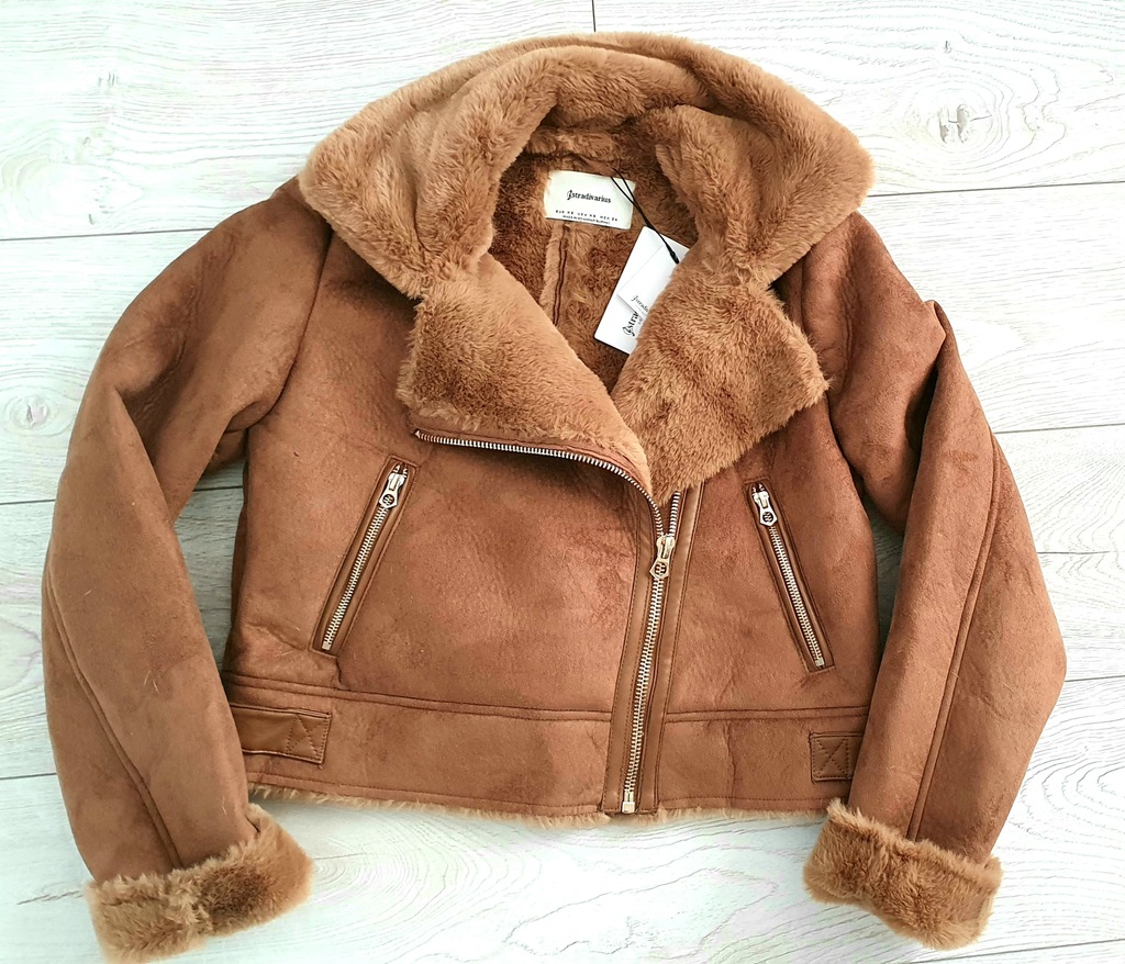 STRADIVARIUS KOŻUSZEK KURTKA KOŻUCH BIKER CAMEL M