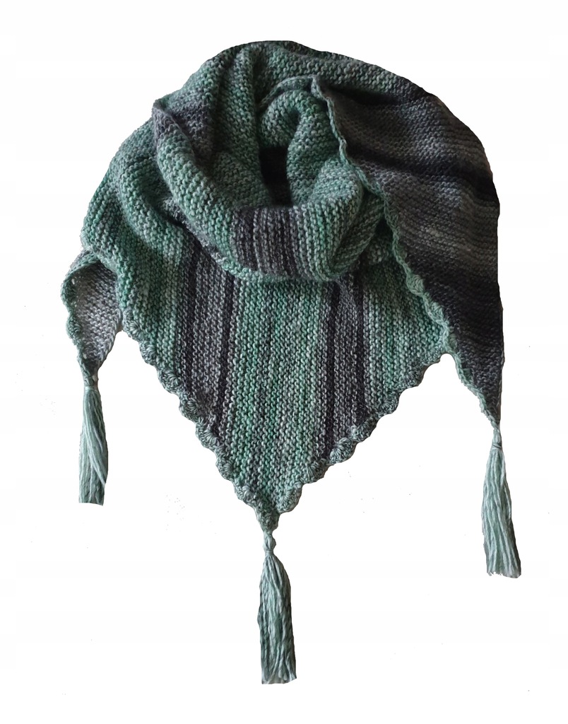 Wielka chusta dziergana na drutach szaro-miętowa