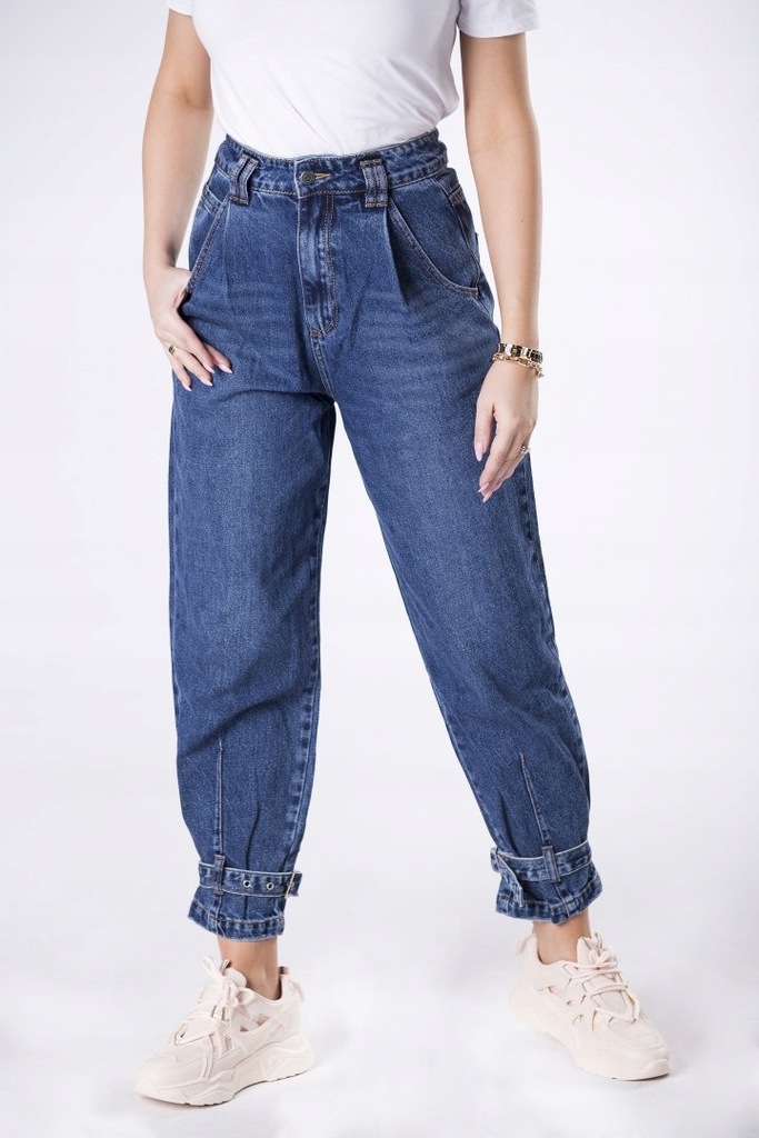 Jeansy typu baggy z zakładkami Niebieski L
