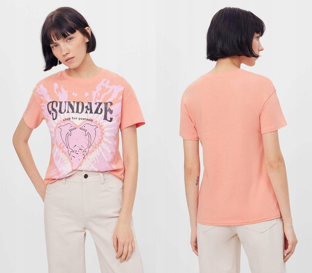 BERSHKA BAWEŁNIANY T-SHIRT NADRUK (XS)