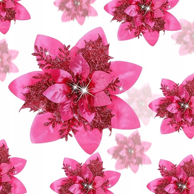 Brokatowe sztuczne kwiaty poinsecji do dekoracji Geosar, różowe 24 sztuki
