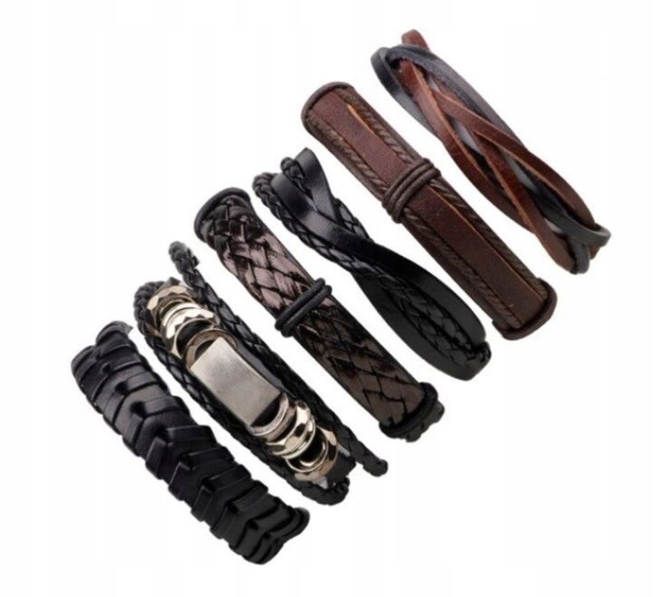 EKO Bransoletka SKÓRZANA 6-cio warstwowa (skóra + metal), zestaw 6-ciu bran