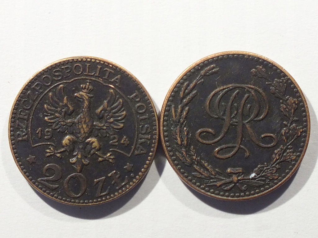 POLSKA-20 ZŁOTYCH 1924 -MONOGRAM-PRÓBA-MIEDŻ