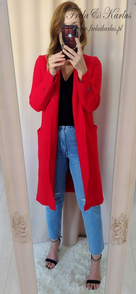 Czerwony wełniany płaszcz damski Zara rozmiar XS