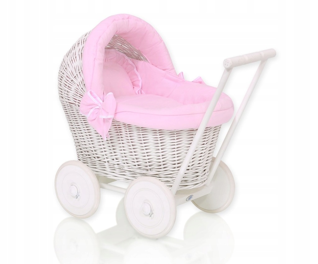 Wiklinowy wózek dla lalek pchacz biały z różową pościelką i miękką wyściółk