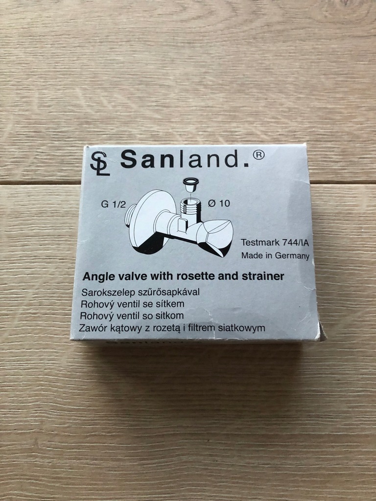 Zawór kątowy Sanland Schell 1/2"x3/8" z sitkiem chrom Nowy!