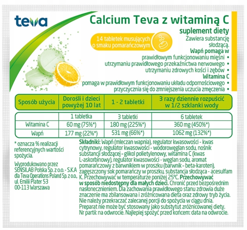 Calcium z witaminą C wapń Teva 14 tabletek musujących
