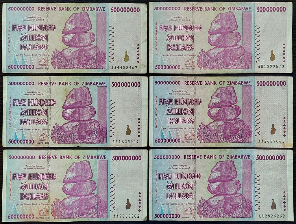 #051. Banknot Zimbabwe 500 000 000$ 2008r. Seria AA AB Obiegowy