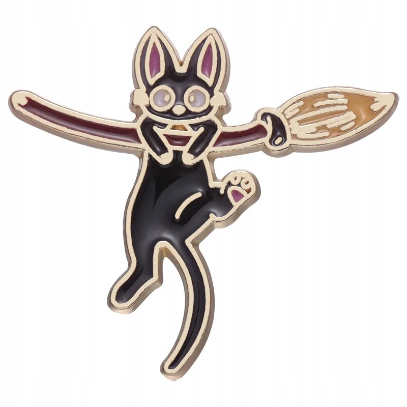 Cartoon Anime Style Brooch Cat Riding A Broomstick Metal Badge Bag