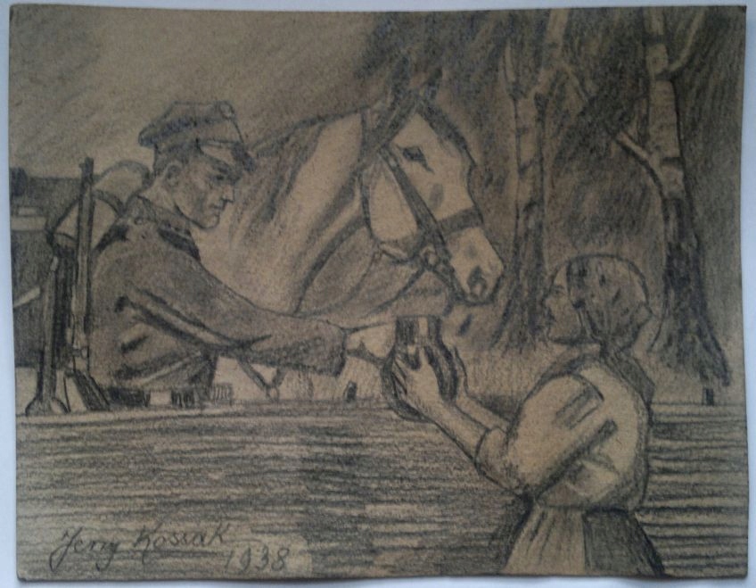 Jerzy Kossak--szkic --1938 ułan, PORTRET, koń x2