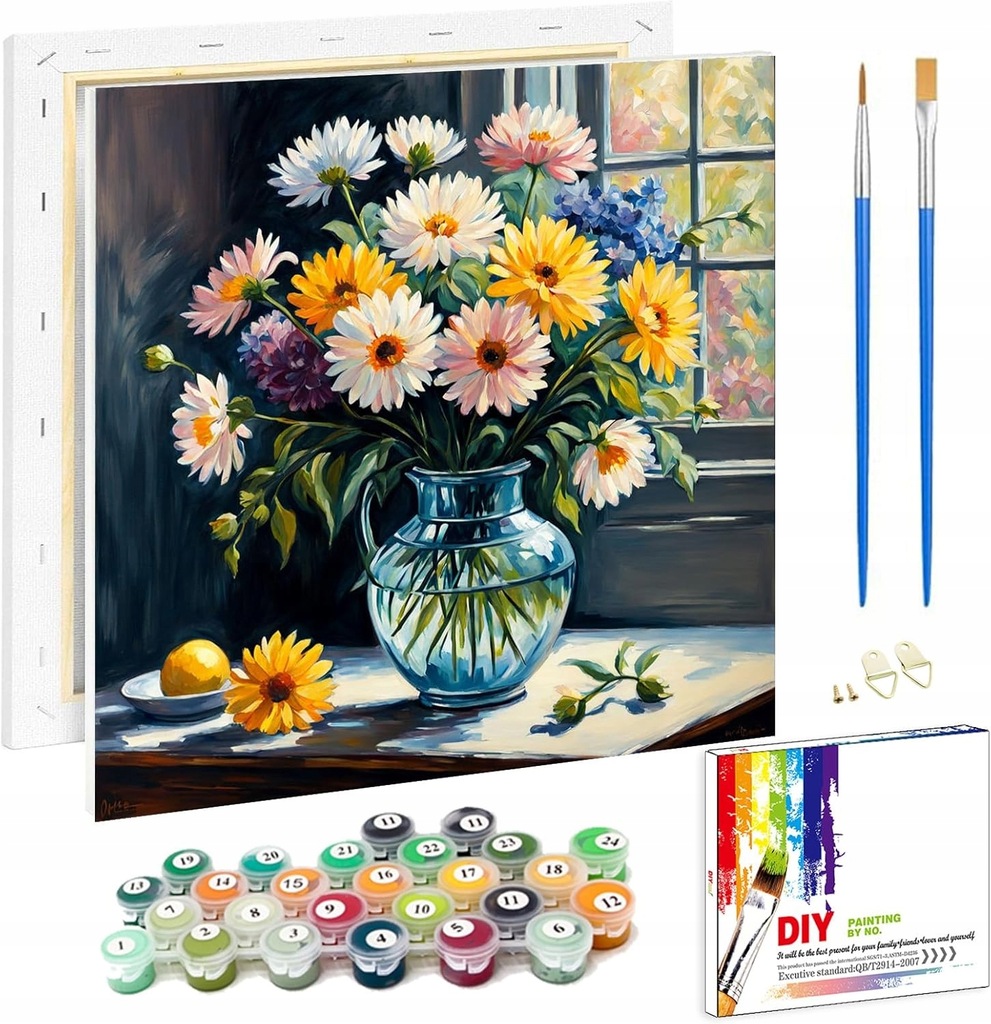 Malowanie po numerach obraz z ramką z pędzelkami 20 x 20cm kwiaty w wazonie