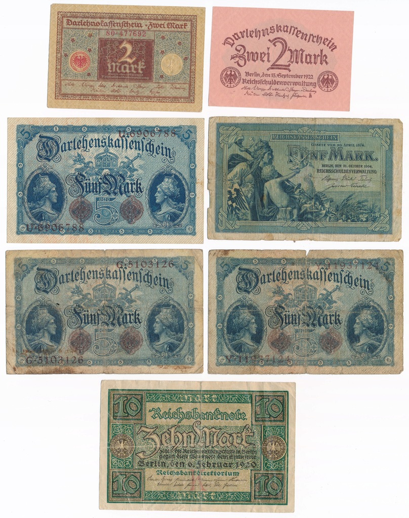 Niemcy, 1, 2, 5, 10 marek 1904-1922, Zestaw 7 sztuk