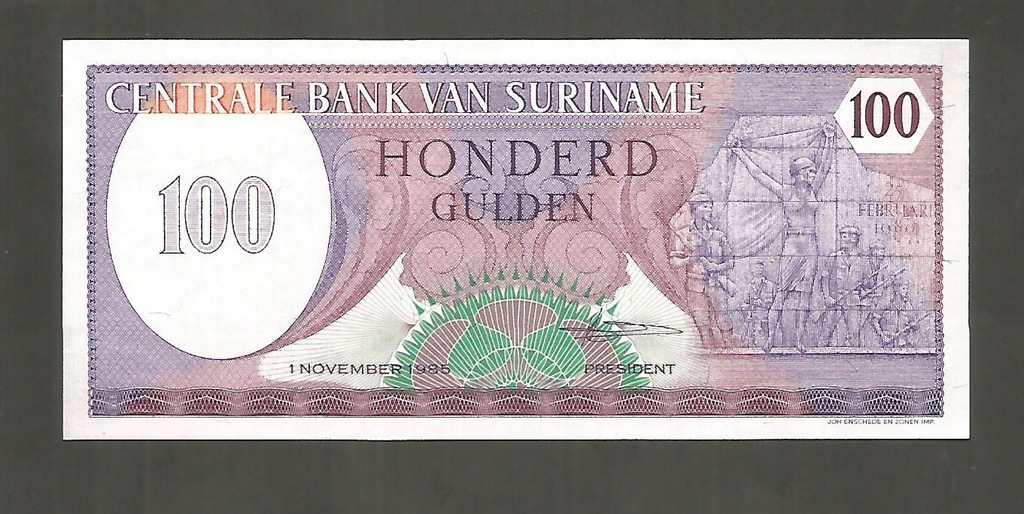 BANKNOT SURINAM -- 100 gulden -- 1985 rok , UNC