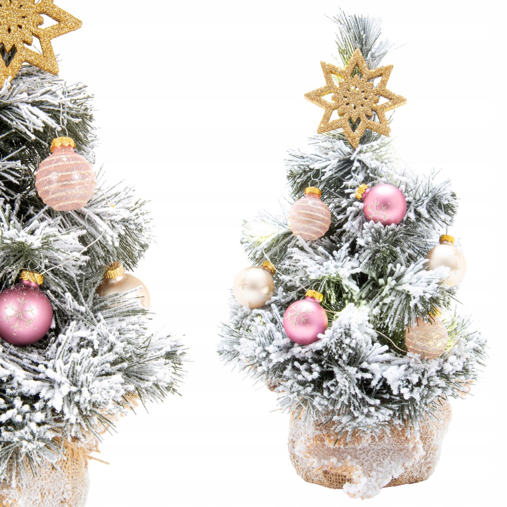 Choinka sztuczna mała jak żywa z dekoracjami 35cm ośnieżona biała ubrana