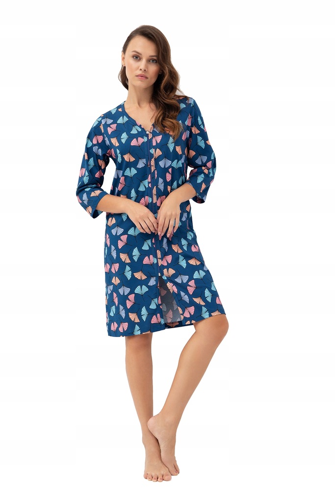 SZLAFROK DAMSKI LUNA ciemnoniebieski w kolorowe liście miłorzębu M