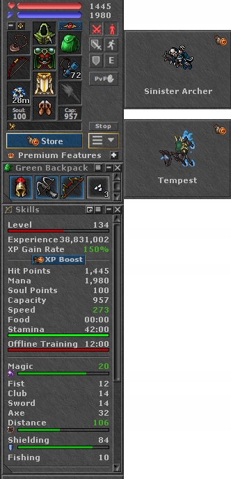 TIBIA 134 RP + 106/84 + STORE OUTFIT + TEMPEST + CELESTA + EQ + FREE RK