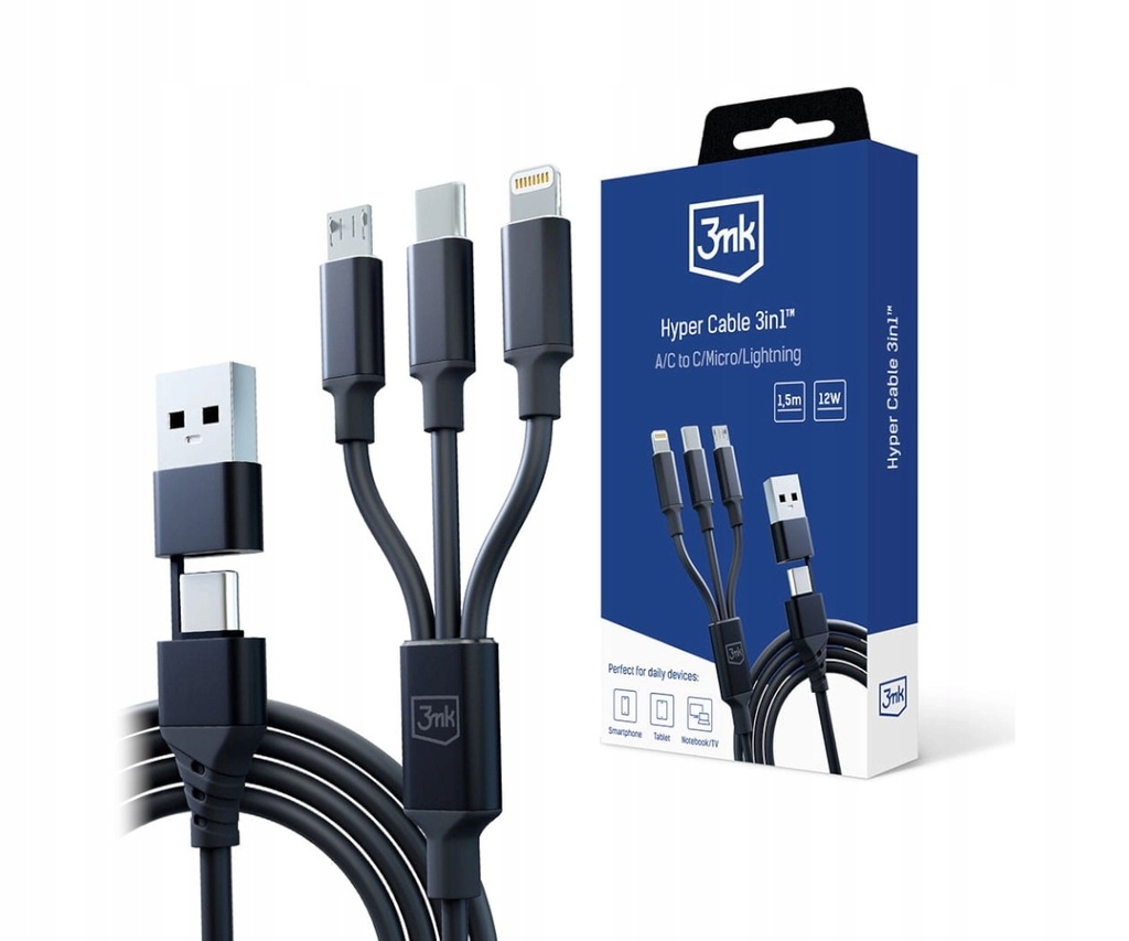 3mk Kabel USB-A/USB-C - USB-C/Micro USB/Lightning Hyper 1,5m Czarny